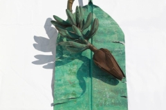 Banana  leaf <br/> 36  inches x 10.5 inches x 6.5 inches height <br/> Patina on brass and copper . 2020